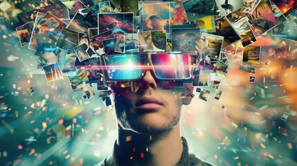Poster - A person wears glasses as a multitude of diverse images emerge from their mind, illustrating the creative brainstorming process. Generative AI