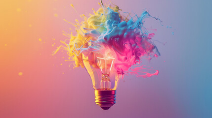 Generative AI illustration. A colorful light bulb with an explosion of colors and shapes