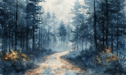 Wall Mural - A painting of a forest with a dirt road in the middle