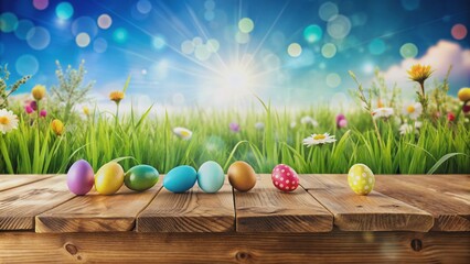 Sticker - Vibrant wooden table top display set against a stunning Easter backdrop of bright blue sky, warm bokeh, and lush green grass meadow in soft focus.