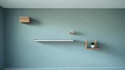 Poster - Minimalist interior with empty shelves on a teal wall, ideal for showcasing home decor or product placement