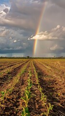 Poster - A rainbow is seen in the sky above a field of crops