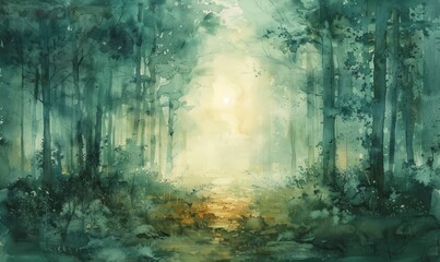 Wall Mural - A painting of a forest with a path leading through it