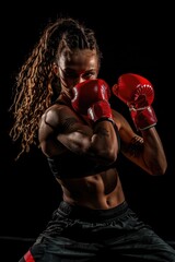 Poster - A woman wearing red boxing gloves is posing for a picture. The image has a mood of determination and strength