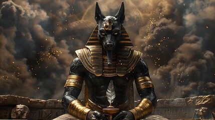 Wall Mural - Captivating portrayal of the mythological Egyptian god Anubis weighing the hearts of the dead against the feather of Ma'at determining their fate in the afterlife