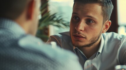 Canvas Print - Two men are talking to each other in a restaurant. One of them is wearing a blue shirt