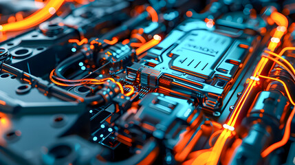 Poster - Detailed close up view of a vibrant high tech car battery against the backdrop of a sleek modern automotive laboratory setting  The battery features intricate metallic surfaces dynamic orange cables