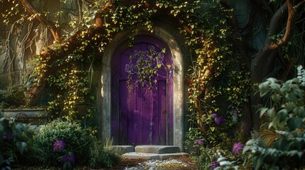 Mysterious and enchanting garden entrance with purple gates creates a fantasy atmosphere. Surrounded by lush green trees, creepers, and vines.