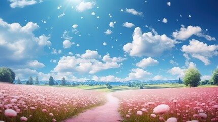 Canvas Print - Pink Flower Field Under a Blue Sky