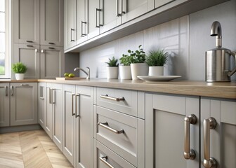 Stylish light gray handles on cabinets close-up, kitchen interior with modern furniture and stainless steel appliances. kitchen design in scandinavian style