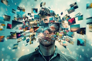 Aufkleber - A person with glasses experiences a creative surge, surrounded by a whirlwind of vibrant and diverse images reflecting imaginative thoughts. Generative AI