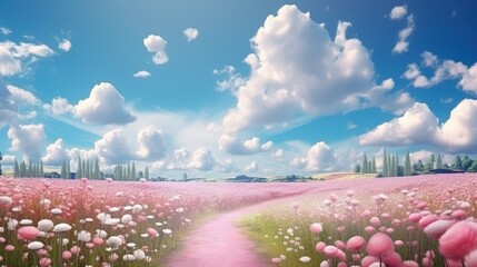 Sticker - Pink Flower Field with Pathway and Blue Sky