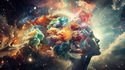 Poster - A vibrant explosion of colors emerges from a human head, symbolizing creativity and imagination in a cosmic, dreamlike environment. Generative AI