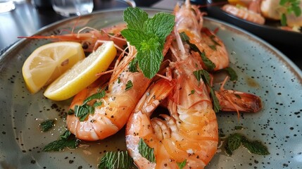 Canvas Print - King prawns with lemon and mint in a restaurant setting