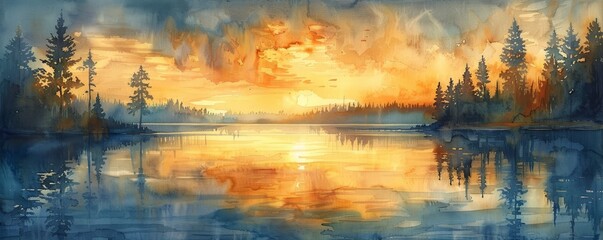 Wall Mural - A painting of a lake with a sunset in the background