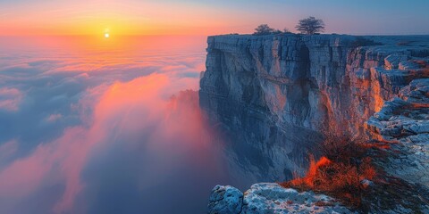 Wall Mural - Sunrise over Mountain Cliff