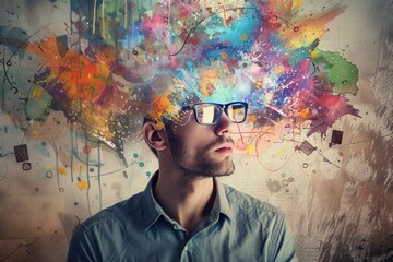 Poster - A person stands pensively with colorful, eclectic thoughts visualized above their head, representing a brainstorming explosion of creativity. Generative AI