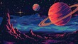 © 69 - Cosmic pixel art scene with a large textured planet, distant ringed planet, and starry nebula, evoking extraterrestrial wonder