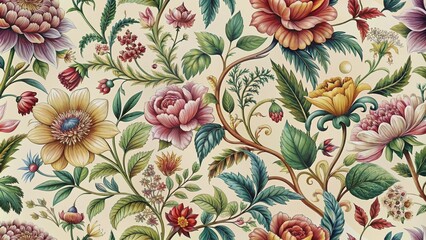 Poster - Elegant vintage floral pattern features intricate botanical illustrations of blooming flowers, foliage, and vines in rich jewel tones on a soft creamy background.