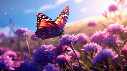 Poster - Butterfly on Flowers at Sunset