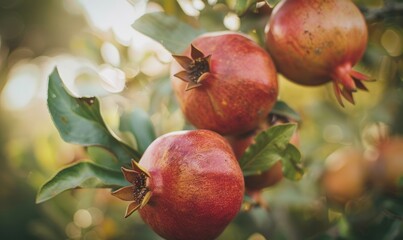 Wall Mural - A macro shot of pomegranates on the branch