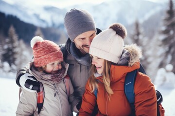 Wall Mural - A family of three, a man and two children, are smiling and posing for a picture in the snow