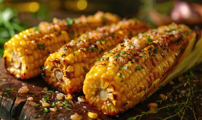 Canvas Print - A row of roasted corn on the cob, topped with garlic butter and herbs