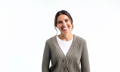 Poster - Medium shot portrait video of a grinning woman in her 30s that is wearing a chic cardigan against a white background