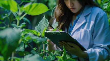 Wall Mural - A woman in a lab coat is looking at a plant and writing in a clipboard. Scene is focused and serious, as the woman is likely conducting research or taking notes on the plant