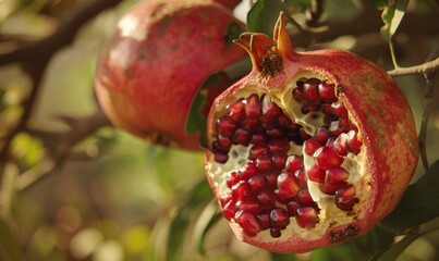 Poster - Detailed close-up of a pomegranate split open on the tree