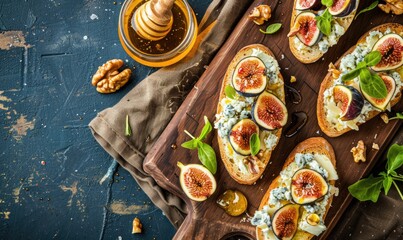 Wall Mural - Fig and blue cheese crostini with honey and walnuts