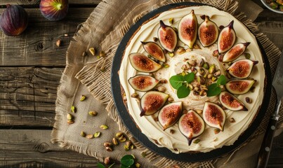 Fig and pistachio cake with cream cheese frosting on a natural burlap cloth