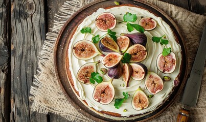 Poster - Fig and pistachio cake with cream cheese frosting on a natural burlap cloth