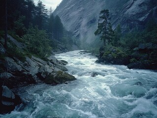 Wall Mural - A river with a tree in the middle of it. The water is flowing and the sky is cloudy