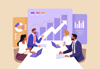 Fototapete - Business Planning concept. Vector illustration in flat style of a group of diverse business people having a discussion at a table with graphs in the background.