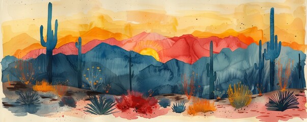 Wall Mural - A painting of a desert landscape with a sunset in the background