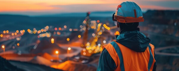 A construction worker admires the illuminated mining site at dusk, showcasing hard work and dedication in the industry.