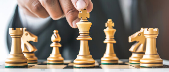 A close-up of a strategic hand moving the king piece in a chess game, symbolizing decision-making and competition.