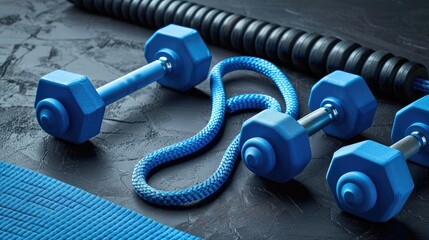 Blue dumbbells fitness mat and skipping rope on dark background representing fitness concept