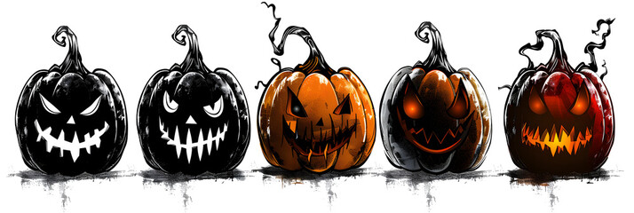 Wall Mural - 5 different colors halloween pumpkin with scary faces on a white background