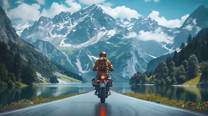 Wall Mural - Caucasian man on a motorcycle journey through the scenic routes of the Bavarian Alps Germany