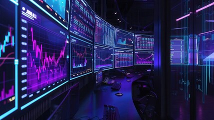 Wall Mural - A stock market wallpaper with multiple monitors displaying real-time financial data and charts