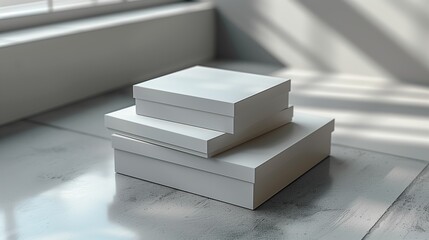 Poster - minimalist stacked boxes on a light gray surface with soft natural lighting