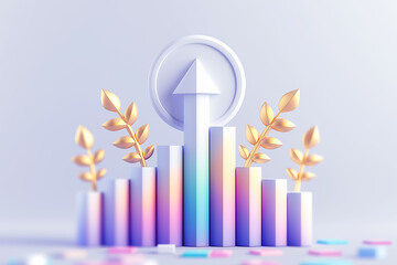 Poster - Captivating 3D growth chart features an upward arrow alongside beautiful golden leaves, making it an ideal visual representation for finance and marketing themes