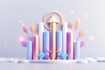 Poster - Eyecatching 3D illustration features bar graphs with a bold upward arrow, symbolizing growth and success with a modern design that captures attention