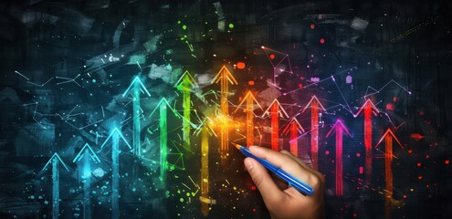 Wall Mural - Businessman hand holding pen drawing a virtual graph of the stock market, financial chart