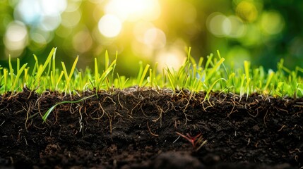 Green grass turf cross-section showing roots and soil layers, vibrant grass blades contrasting with dark soil, set against a blurred bokeh background