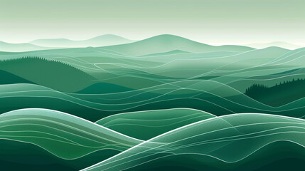 Wall Mural - Abstract mountain landscape on a green background. Line art wallpaper design with hills in white wave line.