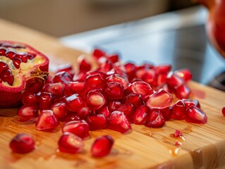 Fresh Pomegranate Seeds Scattered on a Wooden Cutting Board