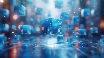 Poster - floating blue cubes in a futuristic digital environment surrounded by glowing particles at night